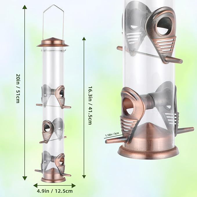 MIXXIDEA 2PK Metal Bird Feeders with 6 Feeding Ports,Tube Bird Feeder with Steel Hanger,Wild Bird Feeder for Outdoors Hanging, Attracting Birds in Your Lawn, Garden, Balcony (Antique Copper)