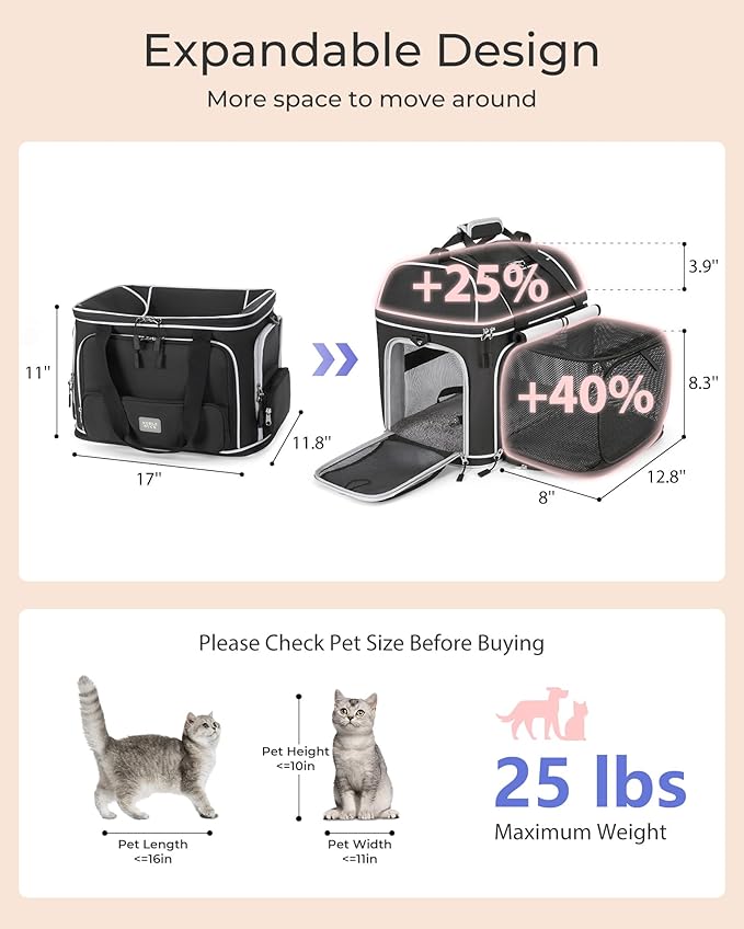 Expandable Pet Carrier: NOBLE DUCK Soft-Sided Cat Dog Carrier Airline Approved Small Medium Large Cats Dogs Portable Travel Carrier Up to 25 Lbs Black