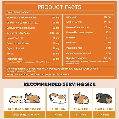 NATURE TARGET Glucosamine Joint Supplement for Dogs, Chondroitin, Omega-3, MSM, Hemp, Turmeric for Pain Relief, Dog Joint Supplement with Calcium for Bone Health, 120 Chicken Flavored Crunchy Chews