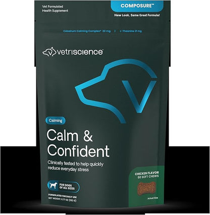 VetriScience Calm & Confident Chews, Composure Clinically Tested Calming and Anxiety Supplement for Dogs, Reduce Stress and Fear, Ideal for Thunderstorms, Fireworks and Travel, Chicken, 60 Count