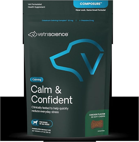VetriScience Calm & Confident Chews, Composure Clinically Tested Calming and Anxiety Supplement for Dogs, Reduce Stress and Fear, Ideal for Thunderstorms, Fireworks and Travel, Chicken, 60 Count