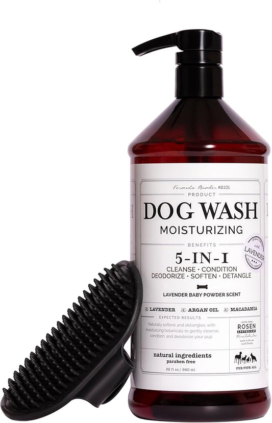 5-in-1 Moisturizing Dog Wash & Grooming Brush Set - Made with Naturally Derived Ingredients to Cleanse, Soothe, Deodorize, and Soften The Skin and Coat