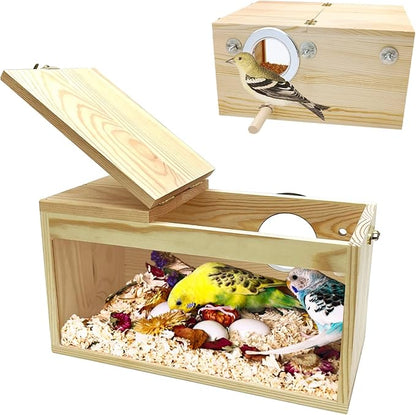 PINVNBY Large Natural Wood Parakeet Nesting Box Budgie Breeding Box Acrylic Bird Nest for Cage Transparent Panoramic for Birds, Parrots, Cockatiels, Lovebirds, Canaries (S: 7.87 x 4.72 x 4.72 inch)