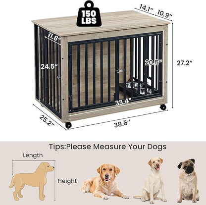 Rovibek 39" Dog Crate Furniture with Rotatable Bowls, Wooden Dog Crate End Table, Decorative Heavy Duty Dog Kennel Furniture Indoor with Double Doors 4 Wheels, Gray