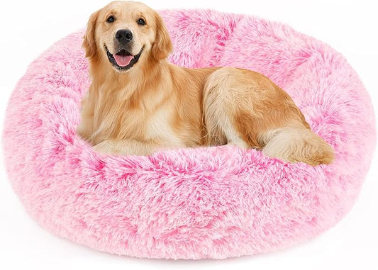 NOYAL Calming Donut Dog Bed for Small to Medium Dogs & Cats - Plush Faux Fur Anti-Anxiety Pet Bed with Machine Washable Cover & Non-Slip Base