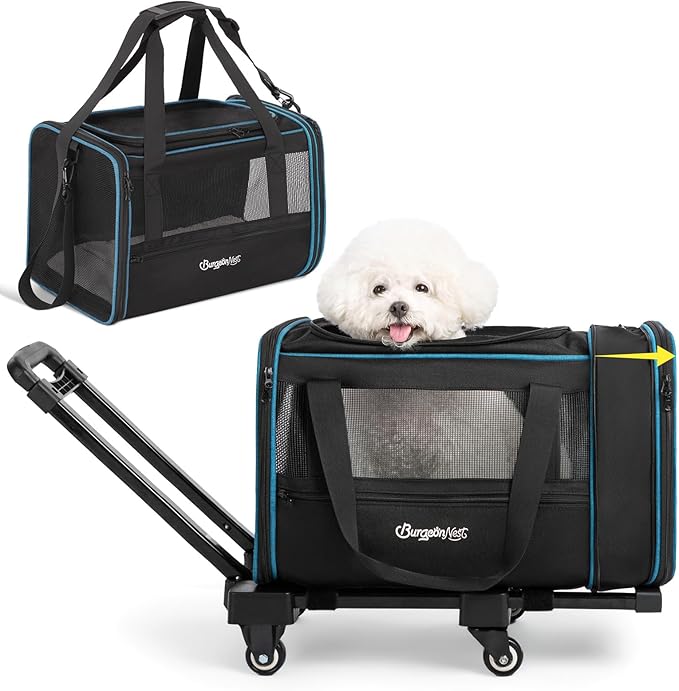 BurgeonNest Expandable Premium Cat Carrier with Wheels - Handle Adjustable Small Dog Carrier- Designed for Dogs and Cats up to 15 lbs - Removable Soft Lined Pet Carrier