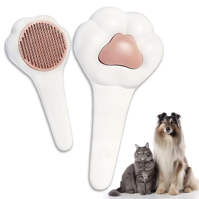Pet hair brush, Cat grooming brush Dog hair brush pet grooming self cleaning slicker brush for dogs cats puppy rabbit, Cat brush grooming gently removes loose undercoat Paw design brush