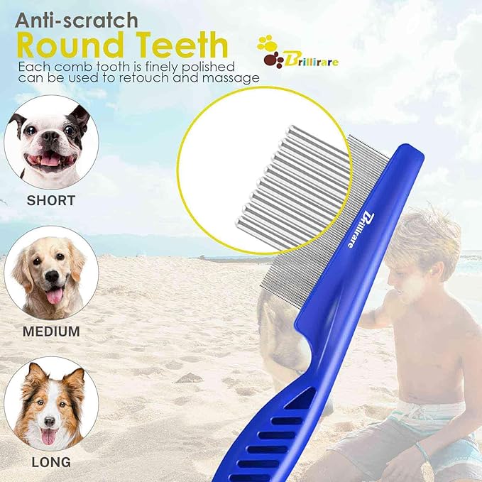3 Pack Dog Grooming Comb, Flea Lice Pet Combs, Stainless Steel Cat Combs with Rounded Teeth, Professional Metal Tear Stain Remover, Dematting Tool for Small, Medium & Large Pets