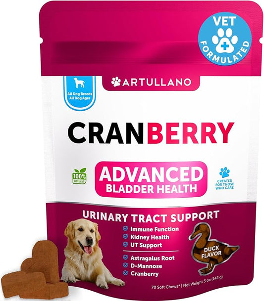 Dog UTI Treatment - Cranberry Supplement & Bladder Control for Dogs - Urinary Tract Infection Incontinence Pill, Bladder Stones - UTI Medicine Treats - 70 Soft Chews for Kidney Support with Fish Oil
