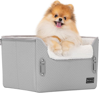 PETSFIT Dog Booster Seat, Portable Dog Car Seats for Small Dogs with Clip-On Leash, Patented Safe Buckles, Dog Booster Car Seat Suitable for Small Pets Up to 25lbs (Light Grey)