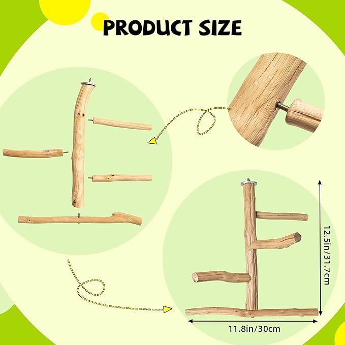 Natural Wood Bird Perch & Play Stand for Parakeets/Cockatiels - Multi-Level Cage Accessory with Training Branch