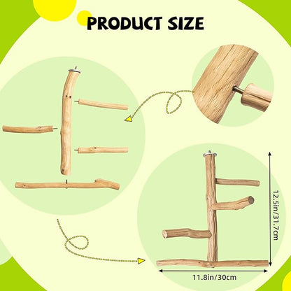 Natural Wood Bird Perch & Play Stand for Parakeets/Cockatiels - Multi-Level Cage Accessory with Training Branch