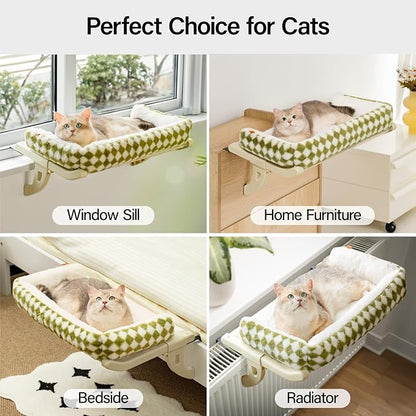 MEWOOFUN Cat Window Sill Perch for Indoor Cats, One-Step Sliding Clamping Slot Adjustment Cat Window Hammock with Removable Covers, Cat Bed for Windowsill & Bedside (Green, Large)