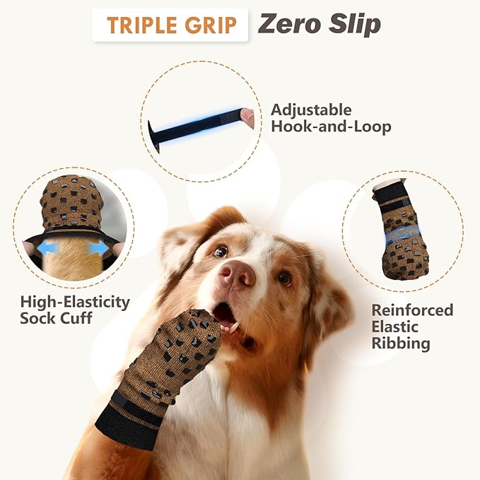 Non Slip Dog Socks to Prevent Licking Paws Grippy Socks for Senior Dog on Hardwood Floors Anti Slip Dog Socks for Hot Pavement Double Side Paw Protector Prevent Scratching Brown S