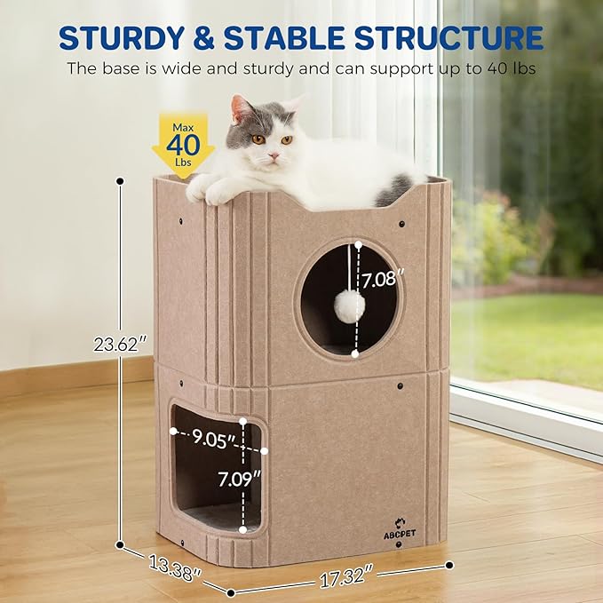 Cat House for Indoor Cats Large Cat Bed Cave 2-Storey Cats Condo with Cozy Felt Covered Hideaway for Multiple Pets Beige