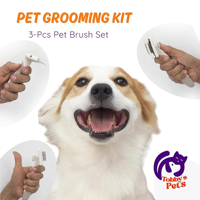 Pet Grooming Kit  3-Pcs Pet Brush Set with Dematting Tool, Deshedding Brush, Self-Cleaning Slicker Brush  Professional Dog Brushes for Grooming Long-Haired Dogs and Cats