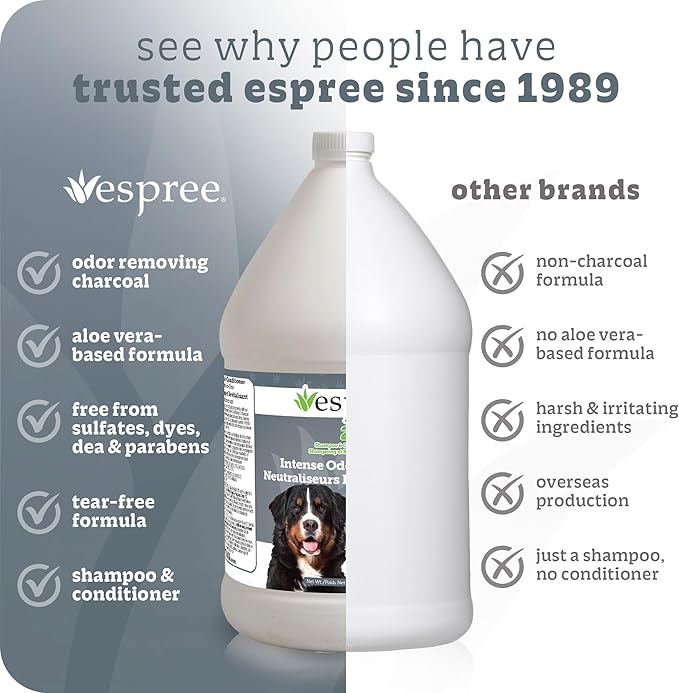Espree Intense Charcoal Odor Neutralizer Dog Shampoo & Conditioner, Eliminates Stubborn Dog Odors, Plant Based Ingredients, 2 in 1, Charcoal-Infused Odor Neutralizer for Dogs, Cruelty-Free, Gallon