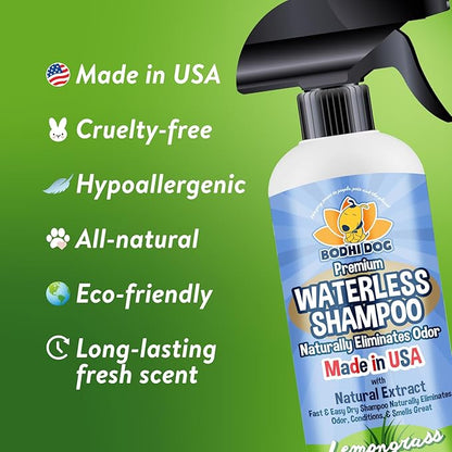 Bodhi Dog Waterless Shampoo for Dogs & Cats - Natural Dry Shampoo, Neutralizes Odor, No Rinse Needed, Safe for All Breeds - Made in USA - Lemongrass Scent (17 Fl Oz)