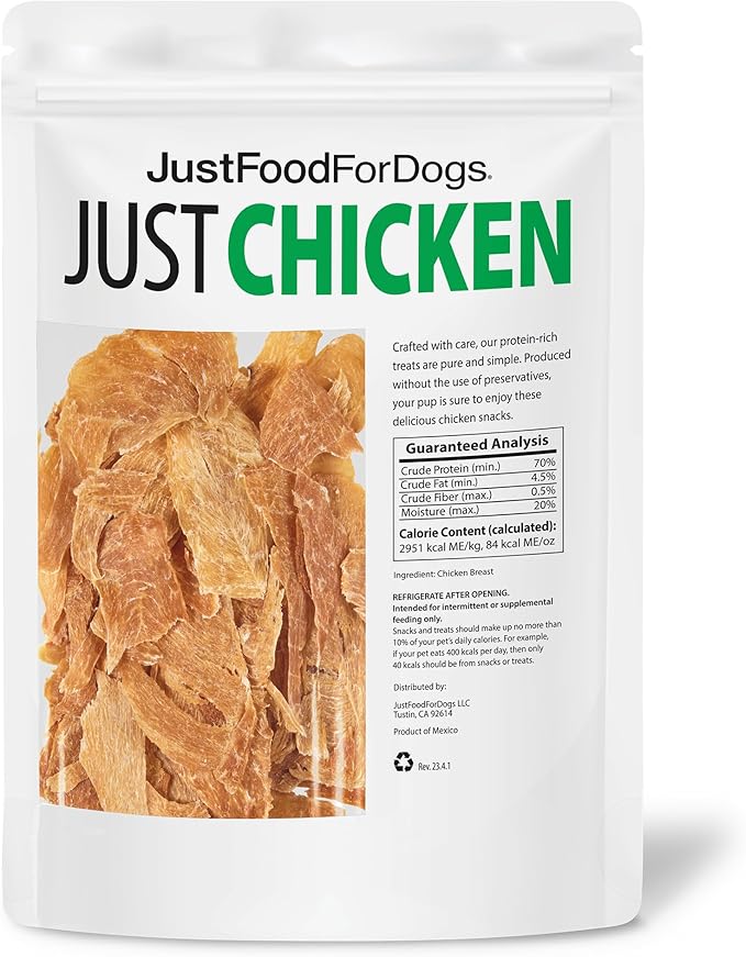 JustFoodForDogs Healthy Dog Treats, Single-Ingredient, Chicken Breast, 2.5 oz (Pack of 4)