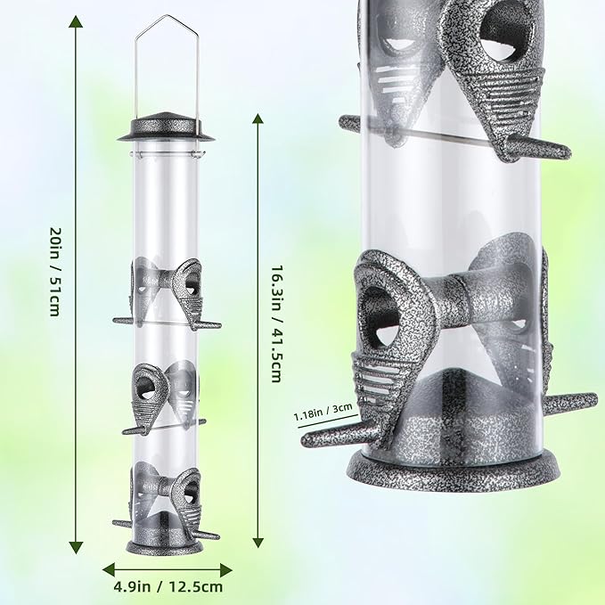 MIXXIDEA 2PK Metal Bird Feeders with 6 Feeding Ports,Tube Bird Feeder with Steel Hanger,Hard Plastic Wild Bird Feeder for Outdoors Hanging, Attracting Birds in Your Lawn, Garden, Balcony (Grey)