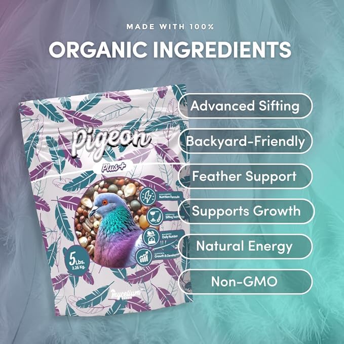 Mycelium Organic Pigeon Plus Bird Seed (5 LB Bag) | Premium Wild Bird Food for Growth, Strength & Daily Energy | Whole Grain Blend with Popcorn, Peas, Milo & Wheat | Non-GMO, No Fillers, Made in USA