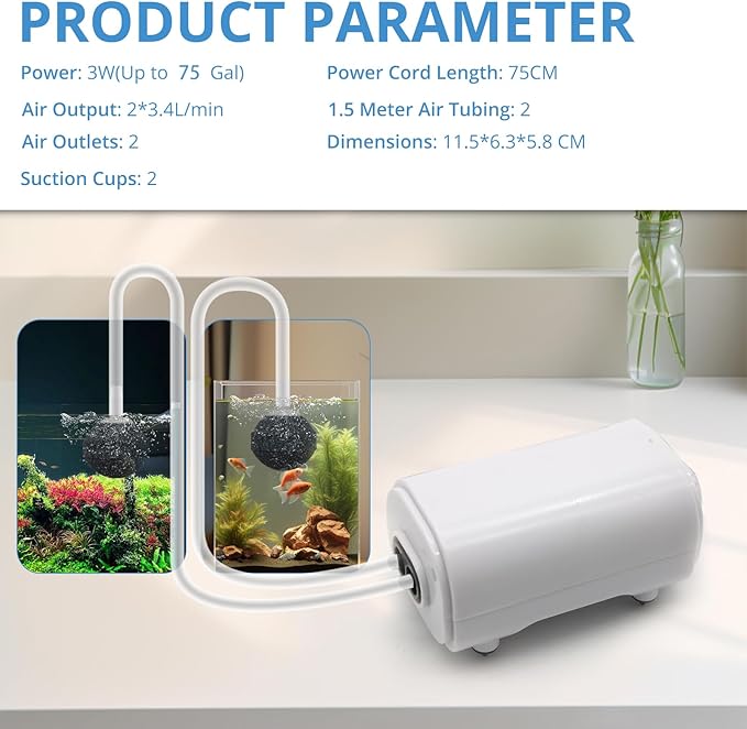 Aquarium Air Pump for Fish Tank, 2 Outlets Adjustable Bubbler, Ultra Quiet & Powerful (3W/5W/10W), Includes Air Stones/Tubing/Check Valve, 108GPH-260GPH for 300-600 Gallon Tanks