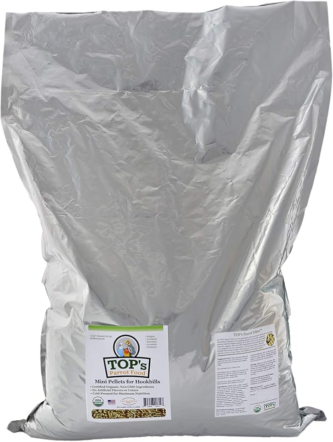 TOP's Parrot Food Mini Pellets Bird Food for Budgies, Cockatiels, Parrotlets, Lovebirds, Parakeets - USDA Certified Organic - 25 lbs
