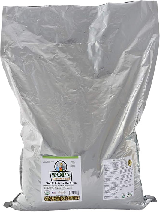 TOP's Parrot Food Mini Pellets Bird Food for Budgies, Cockatiels, Parrotlets, Lovebirds, Parakeets - USDA Certified Organic - 25 lbs