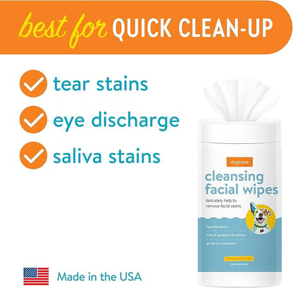 Cleansing Facial Wipes for Pets | Convenient Face Cleaning Wipes (60 Count) for Dogs and Cats | Hypoallergenic, Fragrance-Free, Remove Eye Discharge and Tear Stains