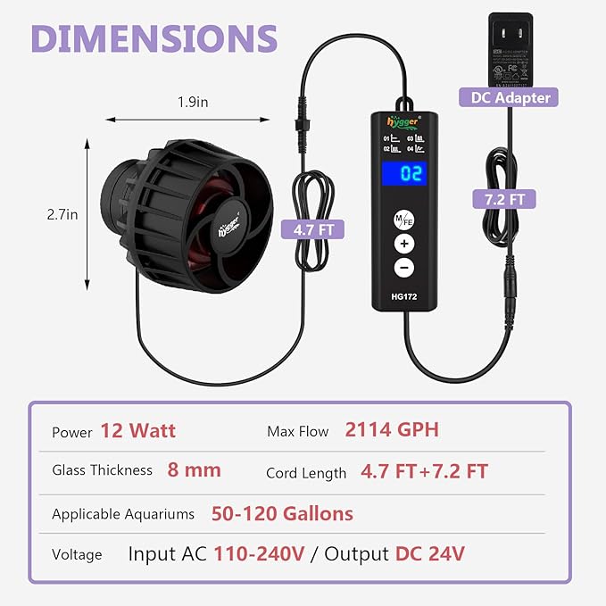 hygger Lite Wave Maker For 50-120 Gallons Aquarium Adjustable Circulation Pump with Magnetic Base Fish Tank DC Powerhead for Coral Reef and Freshwater Up to 2114 GPH