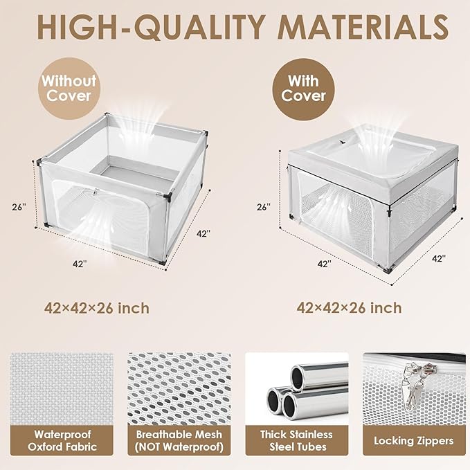 EHEYCIGA 42x42x26 Inches Puppy Playpen for Dogs & Cats Indoor or Outdoor - Dog Play Pen with Door, Dog Fence for Small Pets with Heavy-Duty Oxford & Steel Frame, with Cover