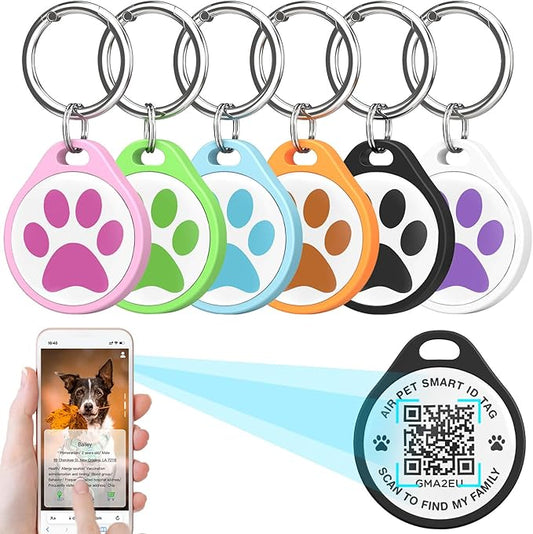ADVENTUREMORE AIR Pet ID Tag-6pcs QR Code Tag & Smart ID Tag Small Personalized Name Plate with Online Profile - Dog Cat Tag Scan QR Receive Instant Pet Location Alert Email
