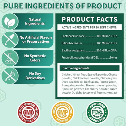 Cat Probiotics Tasty Chews for Digestive & Gut Support - Crunchy & Creamy Texture - Cat Gut Health, Constipation Relief, Healthy Stool, Natural Supplement for Cats, Chicken Flavor - 500 Chews