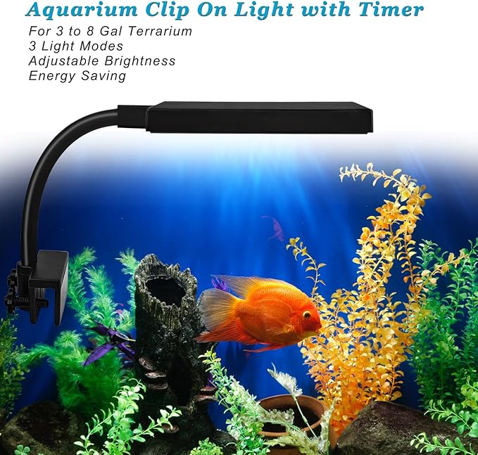 DOMICA Clip On Aquarium Light with Timer for 3 to 8 Gal Fish Tank (Dimmable Full Spectrum LED) USB Moving Lamp for Open Terrarium (Adapter NOT Included)