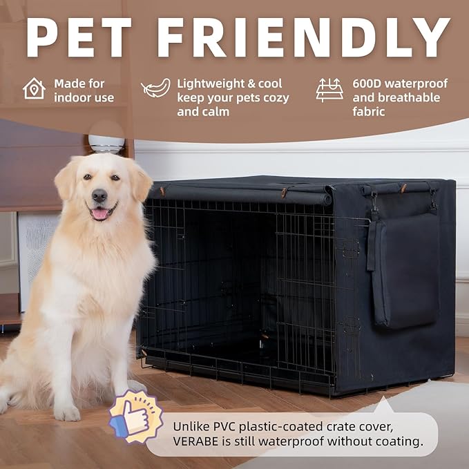 600D Dog Crate Cover, Waterproof Pet Kennel Cover with Storage Bag Cover Fit for 42 Inch Wire Crate Dog Cage, 42 Inches, Black