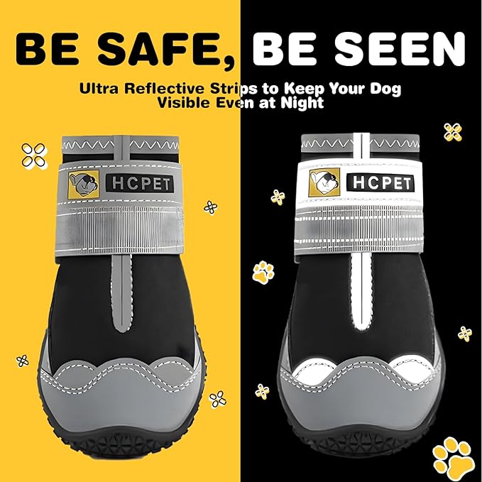 Hcpet Dog Shoes for Large Dogs, Waterproof Dog Booties for Small Medium Dogs, Anti-Slip Dog Boots & Paw Protectors for Hot Pavement Winter Snow Hiking with Reflective Straps Black Size 6