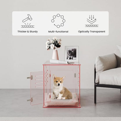 Sumerflos Acrylic Dog Crate Furniture - Clear Pink Dog Kennel End Table for Small Dog Cat Pet, Indoor Lockable End Table Dog Crate Ventilated See-Through, 23.6" L x 17.7" W x 20.0" H