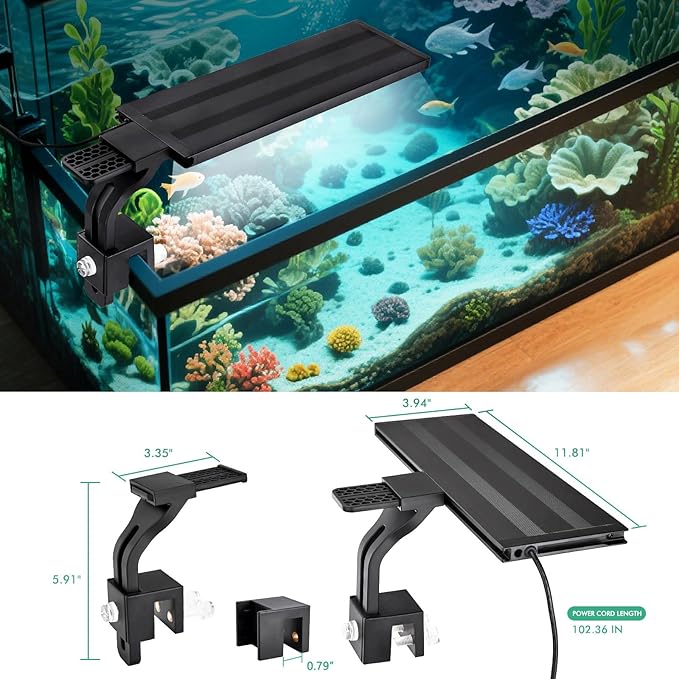 18W 24/7 LED Aquarium Light with Auto On/Off – 8 Color Modes, Full Spectrum, Simulates Sunrise & Sunset, Adjustable Brightness, Clip-On Mount Fits up to 0.75in Glass for 12–24in Fish Tanks