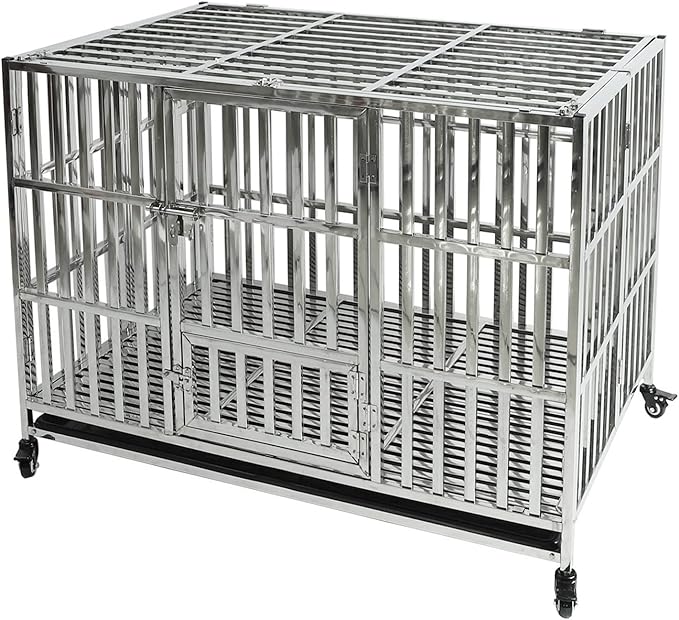 47" Dog Crate Stainless Steel Stackable Heavy Duty Pet Kennel Foldable Indestructible Dog Cage XL Playpen with Lockable Rolling Wheels, Double Door and Removable Tray for Large Dogs