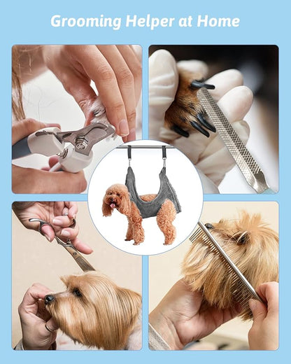 Dog Grooming Harness, Multifunctional Cats and Dogs Grooming Hammock, Pet Beauty Assistant, Nail Scissors/Nail Trimmer/Round Head Scissors (Large, grey)
