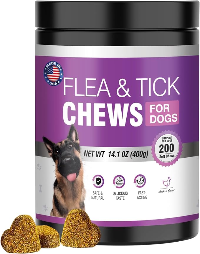 Dog Flea and Tick Treatment Chewable 200 Treatment Chews Natural Soft Chew Fleas Ticks Treatment Dog Oral Chewables Support Supplement Breeds and Ages Dogs Chicken Flavor
