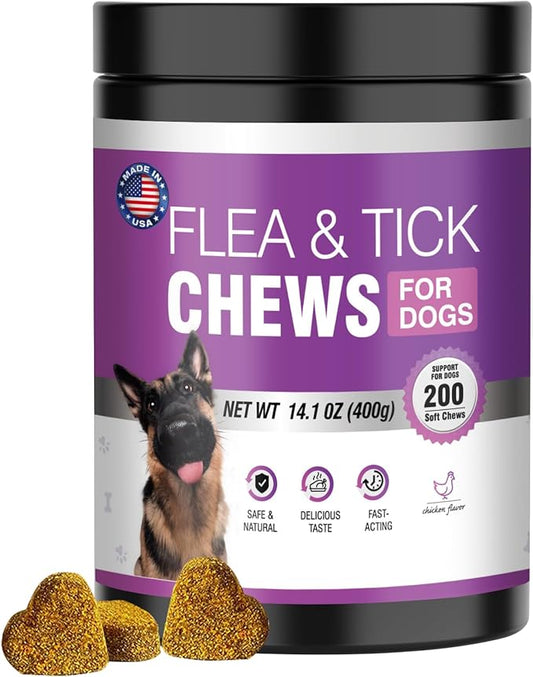 Dog Flea and Tick Treatment Chewable 200 Treatment Chews Natural Soft Chew Fleas Ticks Treatment Dog Oral Chewables Support Supplement Breeds and Ages Dogs Chicken Flavor