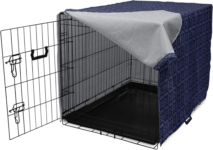 Ambesonne Abstract Geometry Dog Crate Cover, Style Motifs in Squares Rhythmic Arrangement, Easy to Use Pet Kennel Cover for Cats & Medium Dogs, 30 Inch, Blue White
