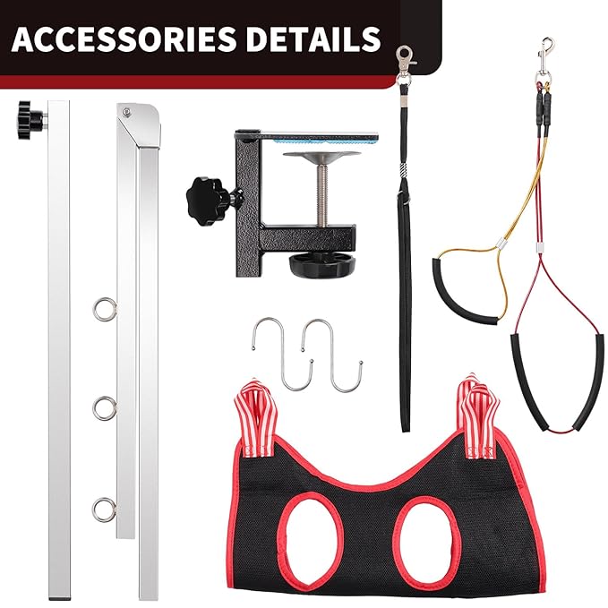 Dog Grooming Table Arm with Hammock - Adjustable Height, Pet Grooming Hammock, No Sit Haunch Holders, Loop Noose Heavy-Duty Clamp (Stainless Steel)