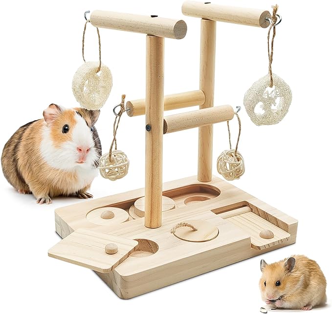 PINVNBY Guinea Pig Foraging Toys with Shelf Hamsters Interactive Enrichment Toys Bunny Wooden Puzzle Snuffle Toy Small Animals Treats Dispenser for Rabbit Chinchillas Rats and Gerbils