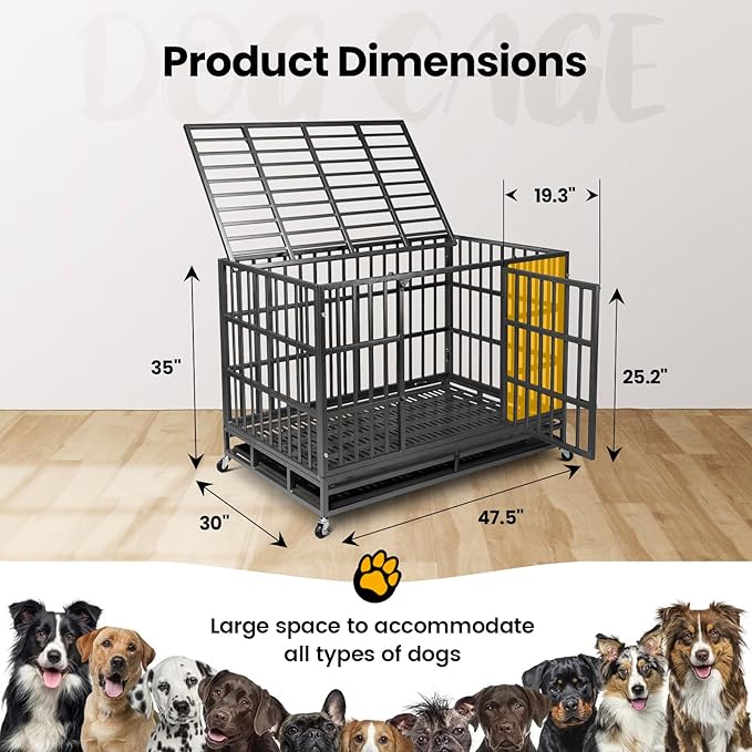 48 inch Heavy Duty Indestructible Dog Crate,2025 New Upgraded Reinforced Baseplate for Large Dogs,XL Dog Crate for High Anxiety Dogs/Max Load Capacity 220lbs/Double Door with Wheels