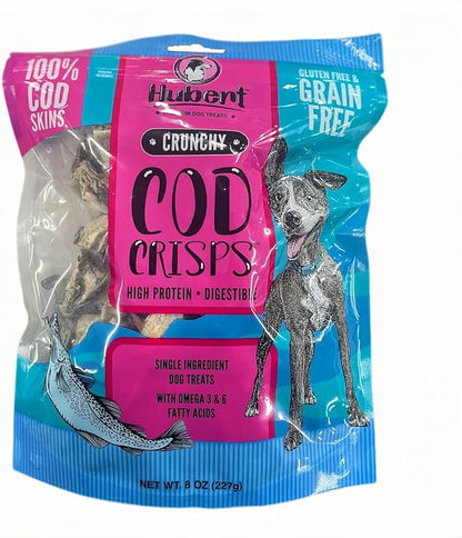 Hubert Pet Premium Cod Skin Crisps - Single Ingredient Gourmet Dog Treats, 8 oz Resealable Trial Size Bag