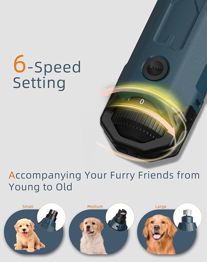 Dog Nail Grinder Super Quiet (45 db) 6-Speed pet nail grinder with 2 LED Lights 12000RPM & Professional 3 Grinding Ports Rechargeable Dog Nail Trimmer for Large Medium Small Dogs with Dust Cap