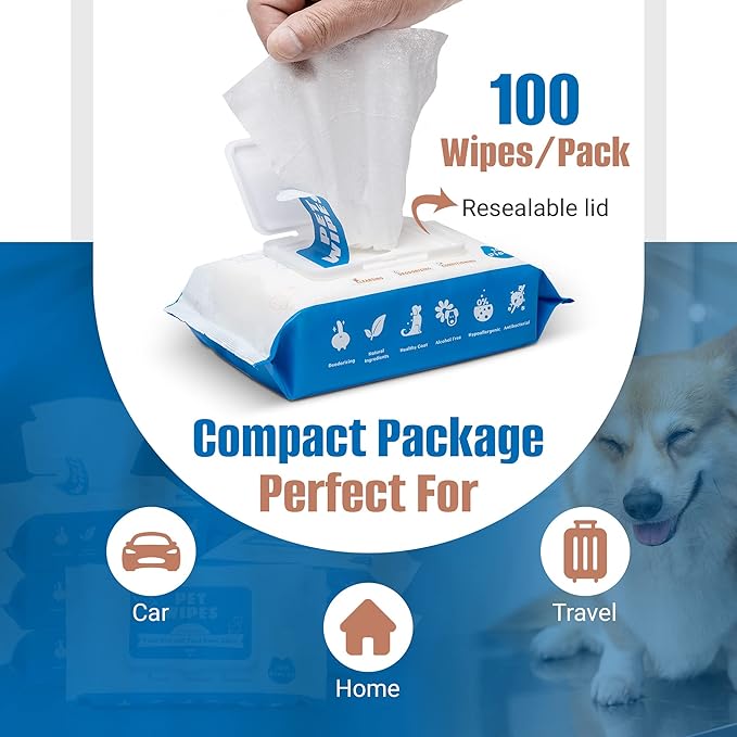 Pet Wipes for Dogs 100Pcs/1Pack – Unscented Dog Wipes with Vitamin E, Chamomile – Gentle Cat Wipes Ideal for Muddy Paws, Face, Dog Eye Wipes, Dog Ear Wipes – Resealable Lid Butt Wipes