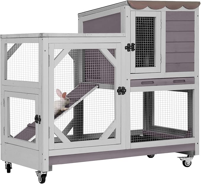 GUTINNEEN Rabbit Hutch Indoor Rabbit Cage with Wheels Outdoor Bunny House 2 Story Guinea Pig Cage with Leakproof Tarp Roof (Grey)
